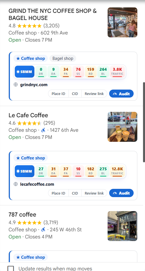 SBMM rows on a Google Maps list