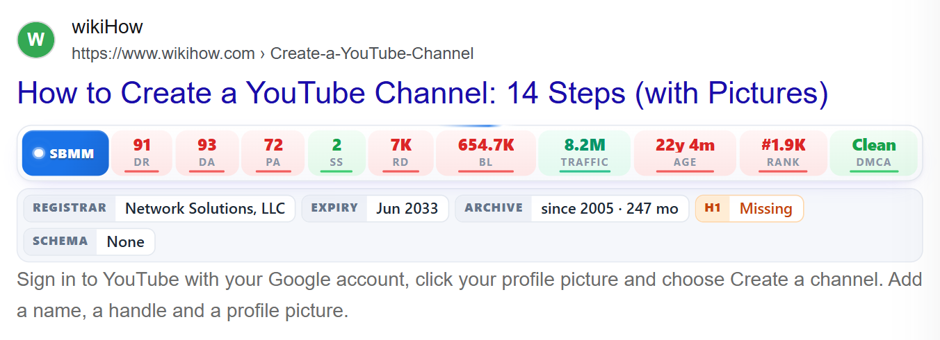 SBMM metrics bar under a Google result